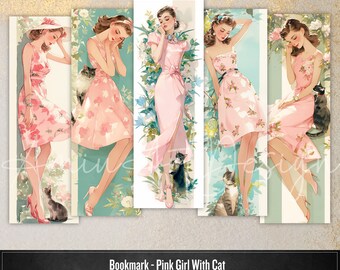 Vintage Watercolor Girl with Cat Bookmarks: Retro Fashion (Digital)