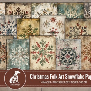 Art populaire de Noël, flocon de neige, papier journal, Style grand-mère Moïse, papier numérique imprimable, papier de scrapbooking, images de fond, vacances