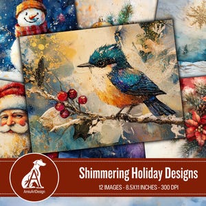 Glinsterende vakantieontwerpen, afdrukbare pagina's met kerstglitter ongewenste dagboeken, kaarten, kerstkunst, ephemera kerst, kerstplakboek