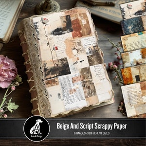 Beżowy i skryptowy papier scrapbookingowy, strona dziennika Vintage Junk, cyfrowy papier do druku, zniszczony, podkład, papier do scrapbookingu, obrazy tła