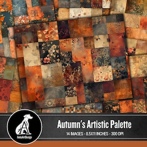 Könnte beinhalten: Ein digitales Papierpaket mit 14 Bildern von Patchwork-Designs zum Thema Herbst in warmen Farben wie Orange, Braun und Rot. Die Designs zeigen florale Muster, geometrische Formen und Texturen. Die Bilder sind 8,5x11 Zoll groß und haben 300 DPI.