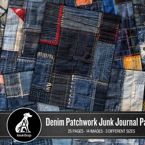 Könnte beinhalten: Ein Patchwork aus Jeansstoff in verschiedenen Blautönen mit einigen roten und orangen Akzenten. Der Stoff ist in einem zufälligen Muster zusammengenäht und erzeugt eine einzigartige und strukturierte Oberfläche. Der Text "Denim Patchwork Junk Journal Pages" ist am unteren Rand des Bildes zu sehen.