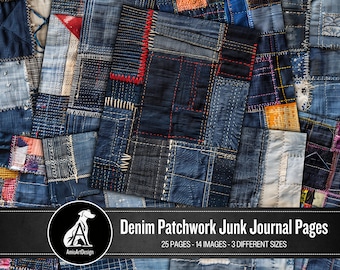 Denim Patchwork Junk Journal Pages: Vintage Textile Collage (Digital Download)