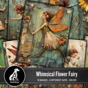 Whimsy Blumen Fariy, Fantasy Fee Collage Printable Junk Journal Seiten, Mixed Media Art, Grunge Hintergrund, Vintage Shabby Scrapbook Papier