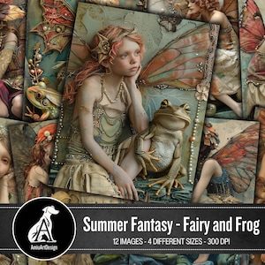 Fada e sapo de fantasia de verão, páginas de lixo para impressão de colagem de fadas, arte de mídia mista, texturas de tecido, papel de álbum de recortes vintage gasto