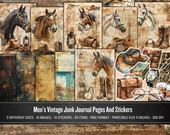 Men's Vintage Junk Journal Kit, Stickers, Cowboy, Horse, Masculine, Grunge Background, Father's Day,  equestrian, Printable Digital Download