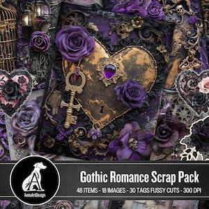 Gothic Romance Scrap Pack, Junk Journal Seiten, schwarze Spitze & beunruhigte Gold Herzen lila Rosen, viktorianisches Collage Scrapbook Papier