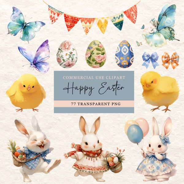 77 PNG Pastel Easter Clipart Bundle, Watercolor Easter Bunny, Easter Egg Clipart, cute bunny png, oeufs de paques, lapin de paques