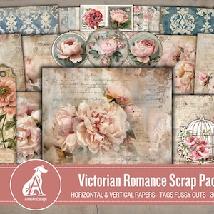 Pacote de recortes de romance vitoriano, kit de diário de lixo para impressão, efêmeras rosa e azuis, peônias, pássaros e carta de amor, papel para scrapbook, antigo, grunge