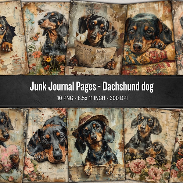 Cute Dachshund Junk Journal Papers, Vintage Journal Printable Digital Paper, Dog reading news paper , Scrapbooking ephemera, Whimsical Dog