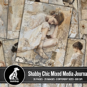 Pagine stampabili di diario spazzatura stampabili con collage misto shabby chic, kit collage effimeri vintage, carta per album grunge, ragazze e pizzo con lettere d'amore
