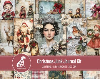 Vintage Christmas Junk Journal Kit: Holiday Ephemera, Tags (Printable)
