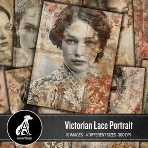 Victorian Lace Ladies Portrait, Mixed Media Collage Printable Junk Journal Pages, Grunge Scrapbook Paper, Shabby Digital Art, Craft Supply
