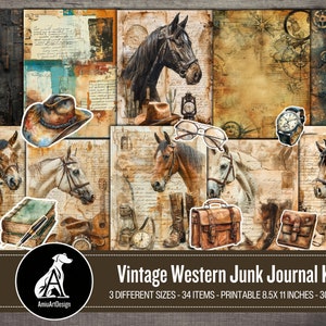 Vintage Western Junk Journal Kit, Vintage Herren Aufkleber, Pferd, maskulin, Grunge Hintergrund, Vatertag, printable digitaler Download