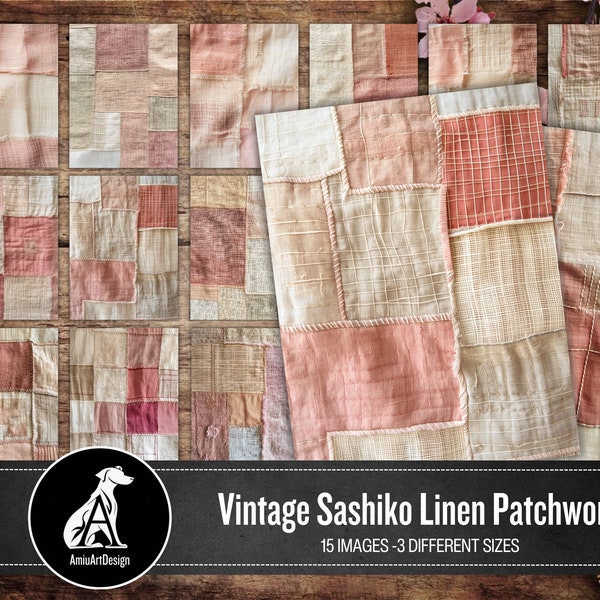 Vintage Sashiko Soft Rose And Beige Linen Patchwork,  Junk Journal, Printable Linen Digital Paper, Linen Fabric Texture, Backing, Scrapbook