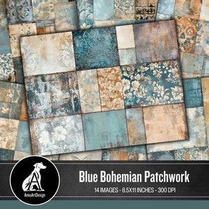 Könnte beinhalten: Blaues und braunes Patchwork-Digitalpapier mit floralem Muster und Schmetterlingsakzenten. 14 Bilder, 8,5x11 Zoll, 300 DPI.