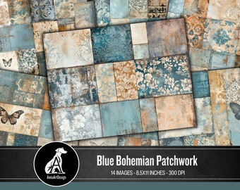 Blue Boho Patchwork Digital Paper: Distressed Scrapbook Backgrounds (Digital Download)