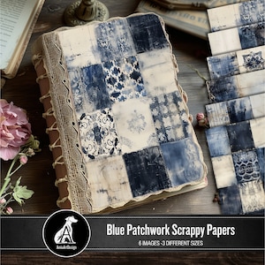 Blue Distressed Patchwork Scrappy Papers, Printable Digital Junk Journal Paper, Scrapbook Paper, Shabby Background, Backing, Paper Craft