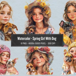 Aquarell Frühling süßes Mädchen mit Hund Clipart, Frühling kleines Mädchen mit Bulldogge, Bulldogge Welpe Haustier Clipart, mein bester Freund Haustier, süße Welpen