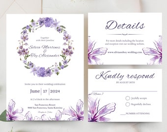 Purple wedding invitation set template | editable template | purple invitation kits | boho bridal shower | canva template editable