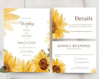 Sunflower Wedding Invitation Set Printable | Yellow Floral wedding invites Template | Wedding Invitation kits Suite | instant download