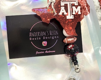 Texas A & M badge reel with beads and alligator clip
