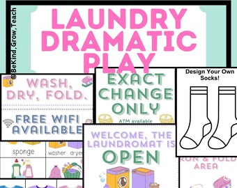 Puede incluir: Un colorido juego educativo con temática de lavandería con varios letreros e ilustraciones. Incluye letreros que dicen "Laundry Dramatic Play", "Wash, Dry, Fold", "Exact Change Only" y "Free Wifi Available". También incluye ilustraciones de calcetines, ropa y lavadoras.