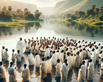 Puede incluir: Un grupo de personas vestidas con túnicas blancas se encuentran de pie en un cuerpo de agua poco profundo. Las personas están reunidas en un círculo, con una persona de pie en el centro. El agua está tranquila y el cielo es azul. Las personas miran todas a la persona en el centro.