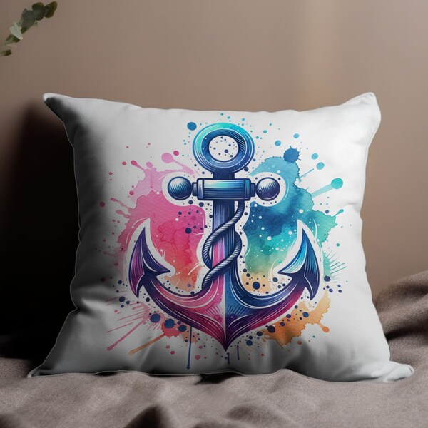 Colorful Watercolor Anchor Splash Art Pillow, Nautical Home Decor, Unique Bedroom Accent, Vibrant Couch Accessory