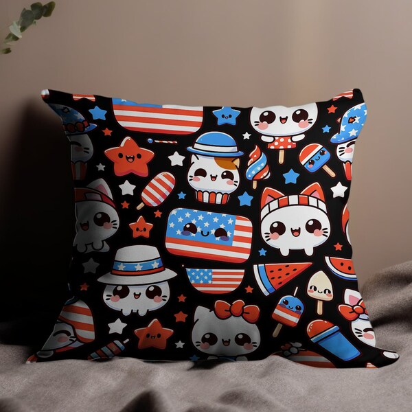 Cute Patriotic Animals Pillow, USA Flag, Stars, Independence Day Decorative Cushion