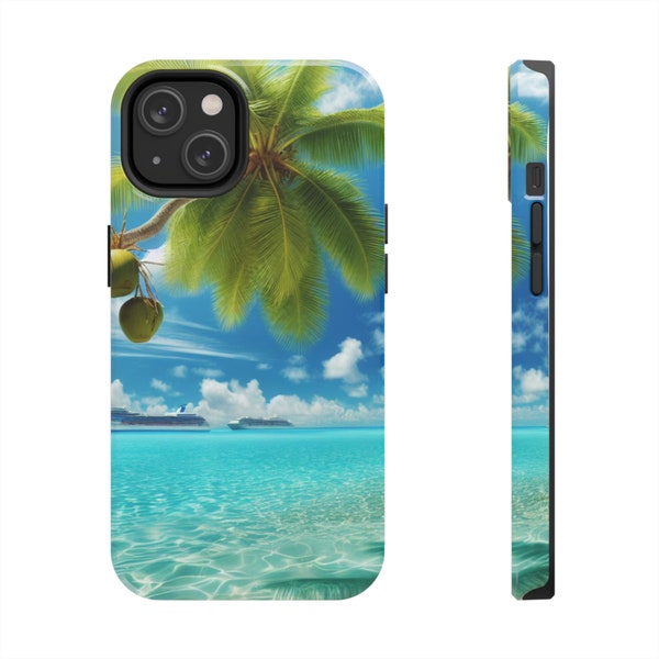 Nautical Cruise iPhone Case – Tropical Palm Tree Design, Blue Water & Cruise Ships | Stylish Phone Cover for iPhone 14, 15 phone sizes.