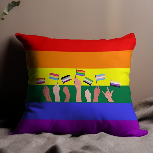 Rainbow Pride Flag Throw Pillow, LGBTQ+ Support Decorative Cushion, Colorful Home Accessory