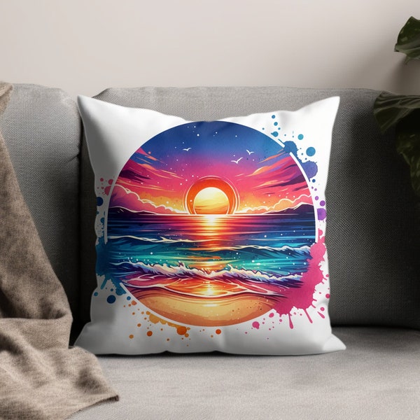 Colorful Sunset Beach Scene Pillow, Vibrant Watercolor Ocean Sunset Cushion, Home Decor