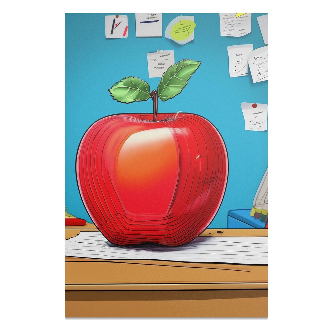 Red Apple on Desk Poster, Classroom Decor, Teacher's Gift, Educational