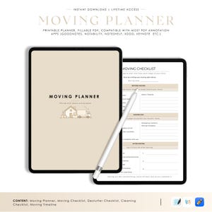 May include: A digital moving planner displayed on two tablets. The planner features a beige cover with the words "Moving Planner" and a house and moving truck graphic. The second tablet shows a moving checklist. A stylus rests on the screen.