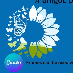 May include: Two sunflower-shaped frames with butterflies surrounding the center. The frame on the left is white with a green base and the frame on the right is brown and black with a leopard print. The text "DRAG & DROP ANY IMAGE AND MAKE A UNIQUE DESIGN." is at the top of the image. The text "Canva Frames can be used with a free Canva account." is at the bottom of the image.