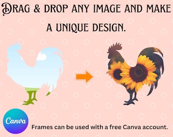 Rooster Canva frame digital download, Detailed design to drag/drop your pattern or text, Save time and get creative!