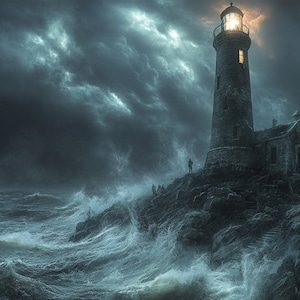 Puede incluir: Un alto faro de piedra gris con una luz brillante que brilla desde la cima se alza sobre un acantilado rocoso con vistas a un mar tormentoso. Las olas rompen contra las rocas y el cielo está oscuro y nublado.