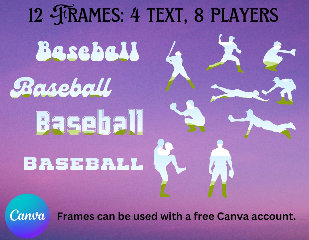 Baseball Canva Frame Bundle, Drag & Drop, 12 Images of Text and Players ...