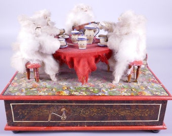 Rare Antique French Automaton Manivele Music Box Tea Party Animals