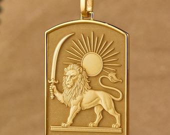 14K Gold Löwe und Sonne Dog Tag Halskette, Gravierte persische Charme, Benutzerdefinierte Wappen Anhänger, personalisierte Seldschuken Talisman, Seil Kette Amulett