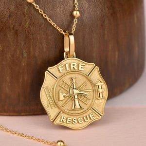 14K Gold Firefighter Necklace, Firefighter Badge Pendant, Maltese Cross Necklace, Fireman Gift, Saint Florian Firefighter Jewelry Gift