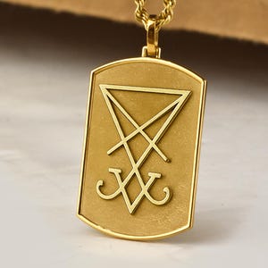 14K Gold Sigil Of Lucifer Dog Tag Necklace, Engraved Goth Jewelry, Personalized Occult Amulet, Mystical Charm, Custom Fallen Angel Talisman