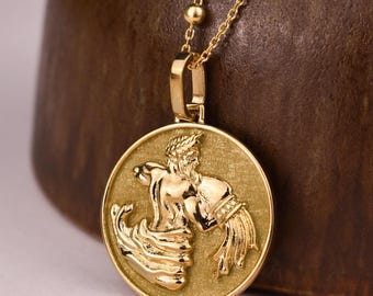 14K Gold Aquarius Zodiac Sign Necklace, Dainty Zodiac Gold Coin Necklace, Women Aquarius Zodiac Sign Charm, Zodiac Medallion Gift