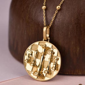 14K Gold Chess Board Necklace, Chess Piece Pendant, Round Gold Medallion, Personalized Chess Jewelry, Christmas Gift, Dainty Gold Coin