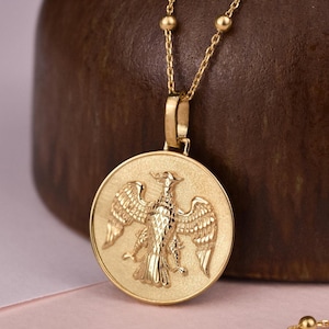14K Solid Gold Eagle Necklace, Flying Eagle Pendant, Bird Jewelry, Personalized Eagle Coin, Dainty Gold Bird Necklace For Women, Eagle Charm