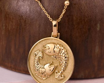 Collar de oro de 14 quilates con el signo del zodiaco Piscis para mujer, delicado colgante de moneda de oro de Piscis, joyería de Piscis, dije de pez, regalos para el signo de Piscis