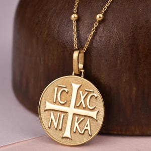 14K Massivgold ECXC NIKA Kreuz Halskette, byzantinischer kyrillischer Anhänger, östliches östliches Kreuz, Taufe Schmuck, Gold christliches Kreuz Geschenk