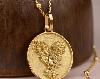 14K Solid Gold Saint Michael Archangel Necklace, Protection Necklace, San Miguel Archangel Jewelry, Catholic Gifts, Gold Catholic Medallion