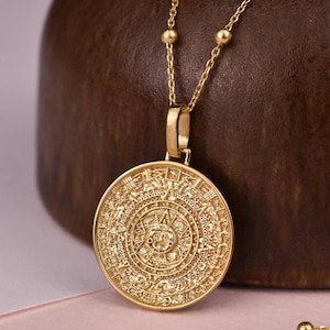 14K Solid Gold Aztec Calendar Necklace, Mayan Calendar Pendant, Aztec Sun Stone Jewelry, Dainty Gold Necklace, Personalized Mexican Gift